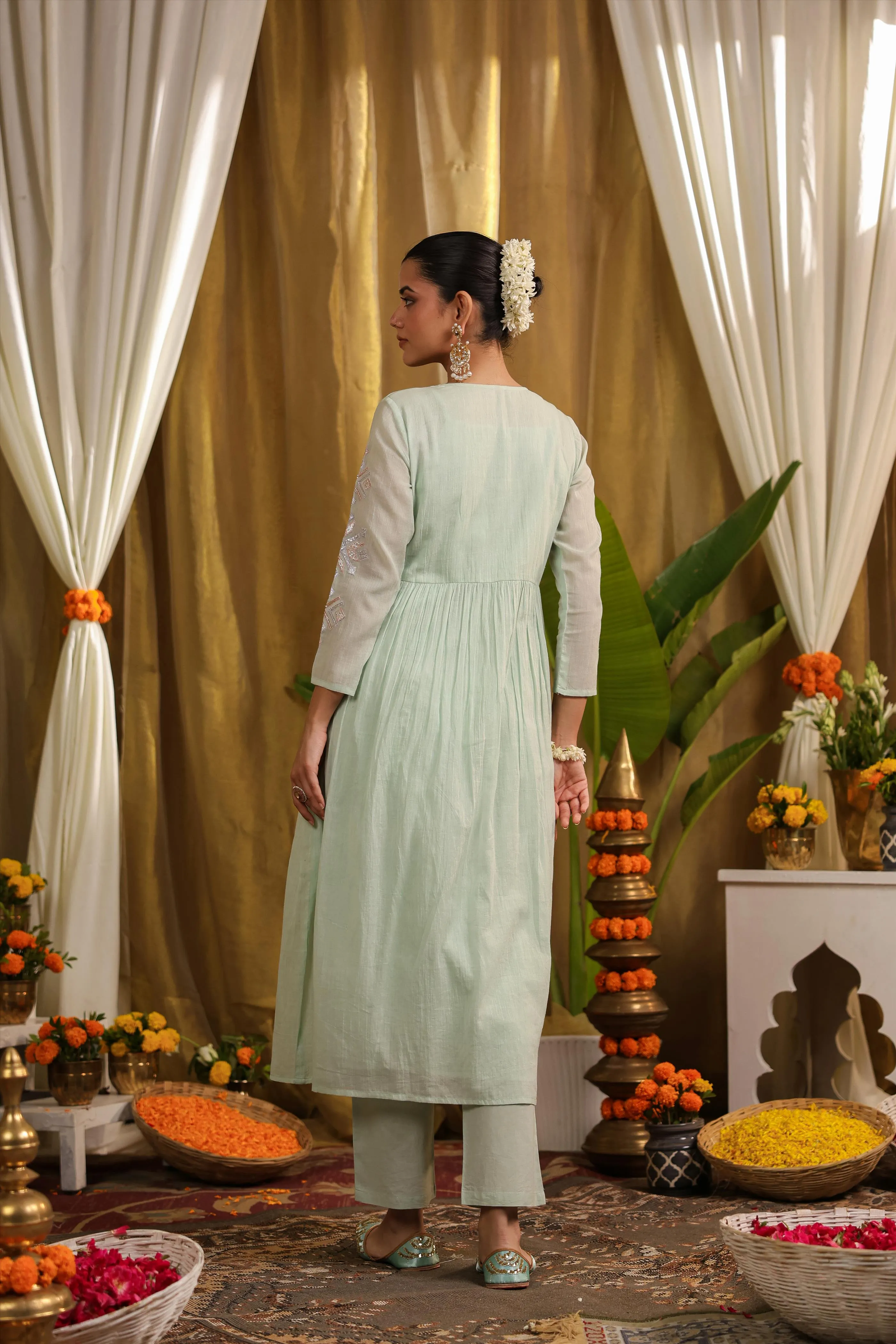 Pista Green Mulmul Gota Work Kurta Pant And Shrug Set