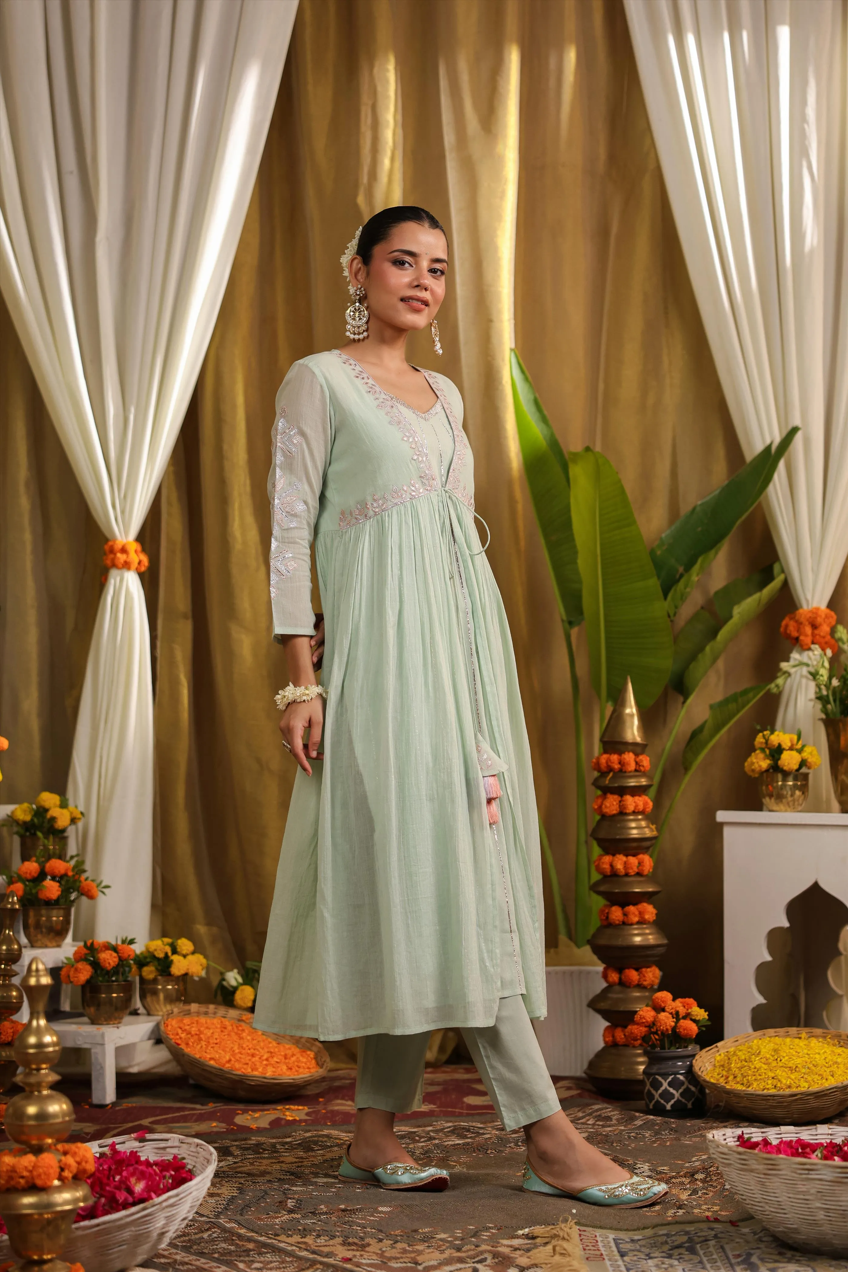 Pista Green Mulmul Gota Work Kurta Pant And Shrug Set