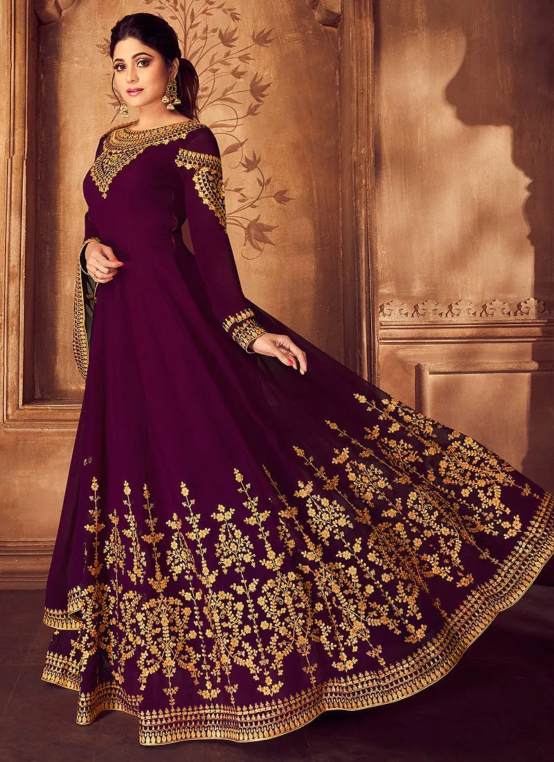 Plum Purple Golden Traditional Party Wear Anarkali Suit