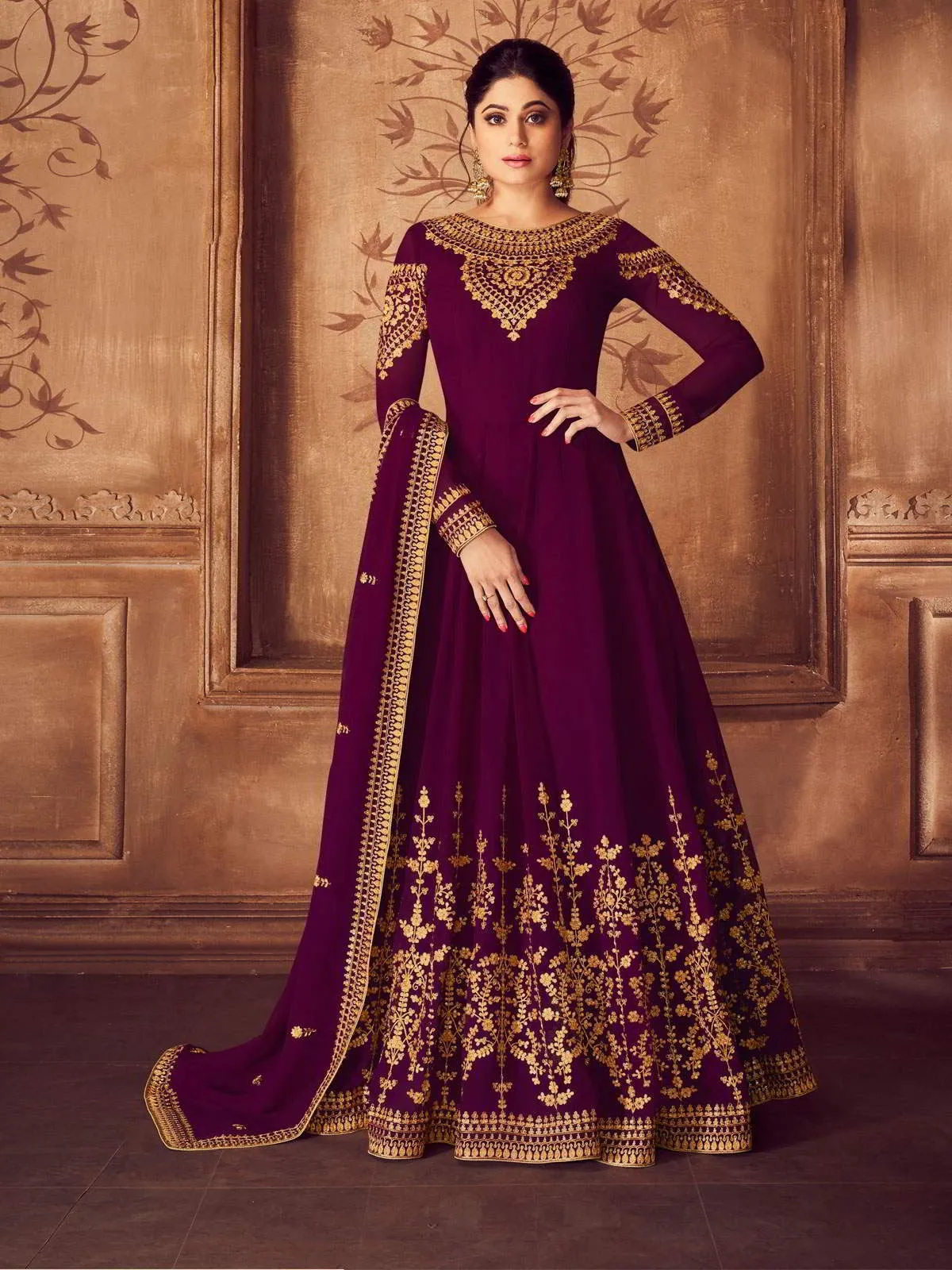 Plum Purple Golden Traditional Party Wear Anarkali Suit