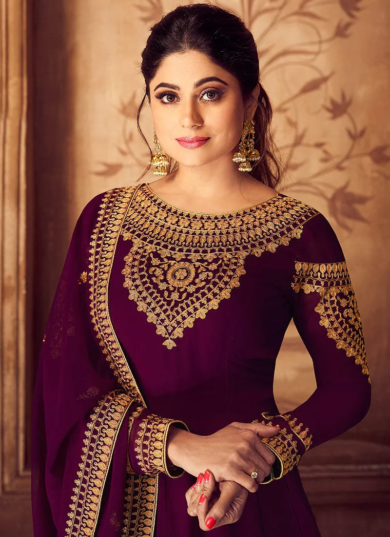Plum Purple Golden Traditional Party Wear Anarkali Suit