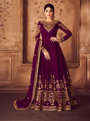 Plum Purple Golden Traditional Party Wear Anarkali Suit