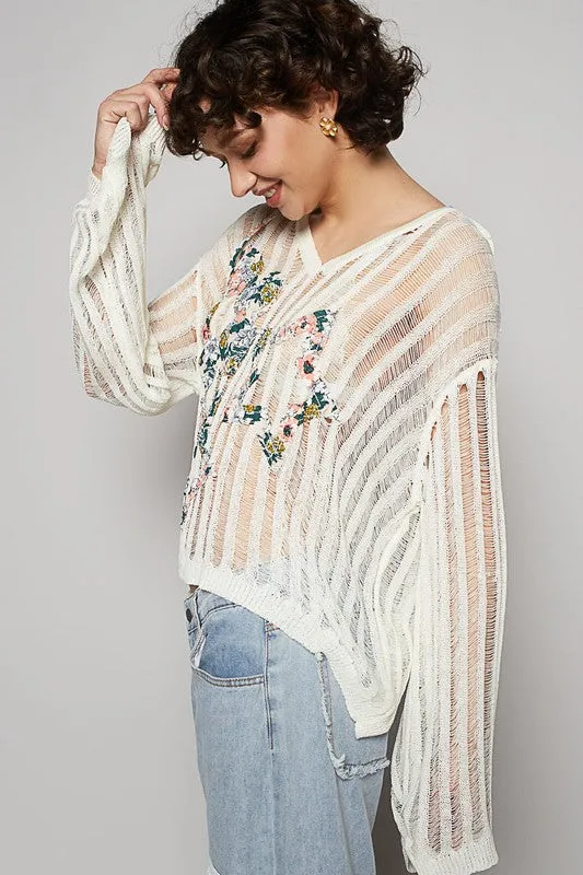 POL Floral Print Star Patch Lightweight Hooded Knit Cover Up