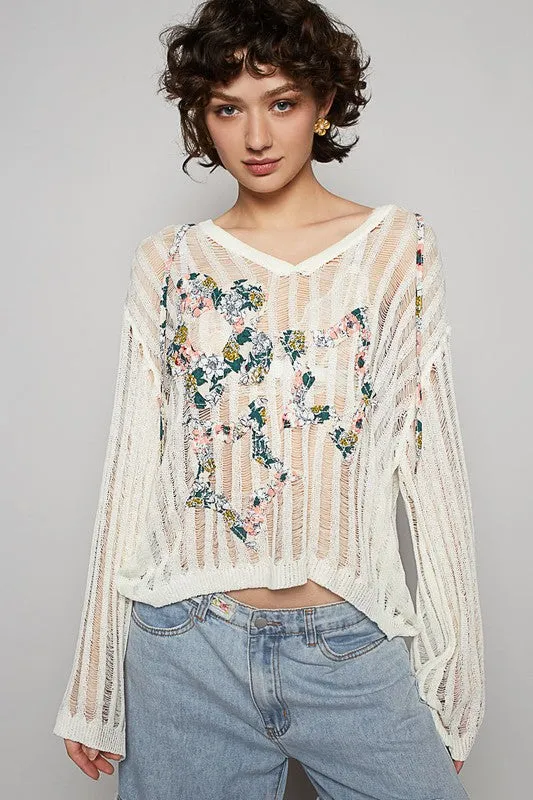 POL Floral Print Star Patch Lightweight Hooded Knit Cover Up