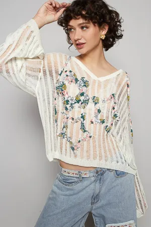 POL Floral Print Star Patch Lightweight Hooded Knit Cover Up