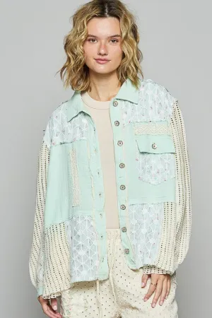 POL Lace Trim Crochet Button Up Denim Jacket