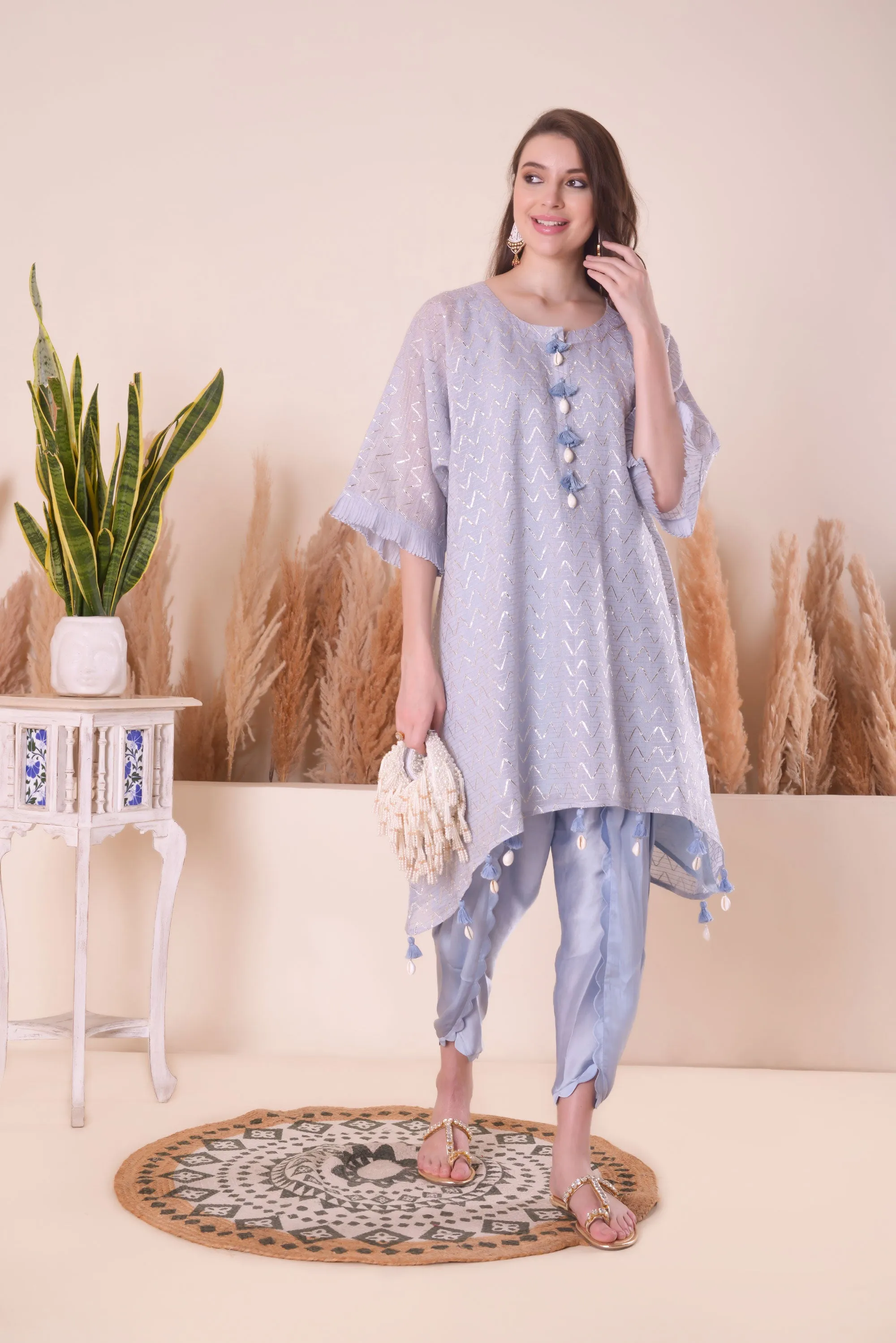 Powder Blue Wave Kimono Kurta Set