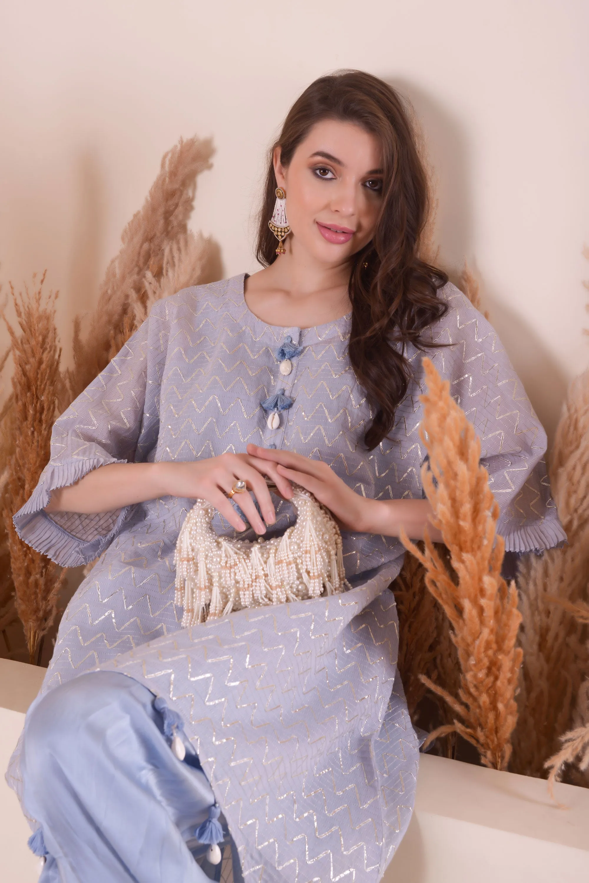 Powder Blue Wave Kimono Kurta Set