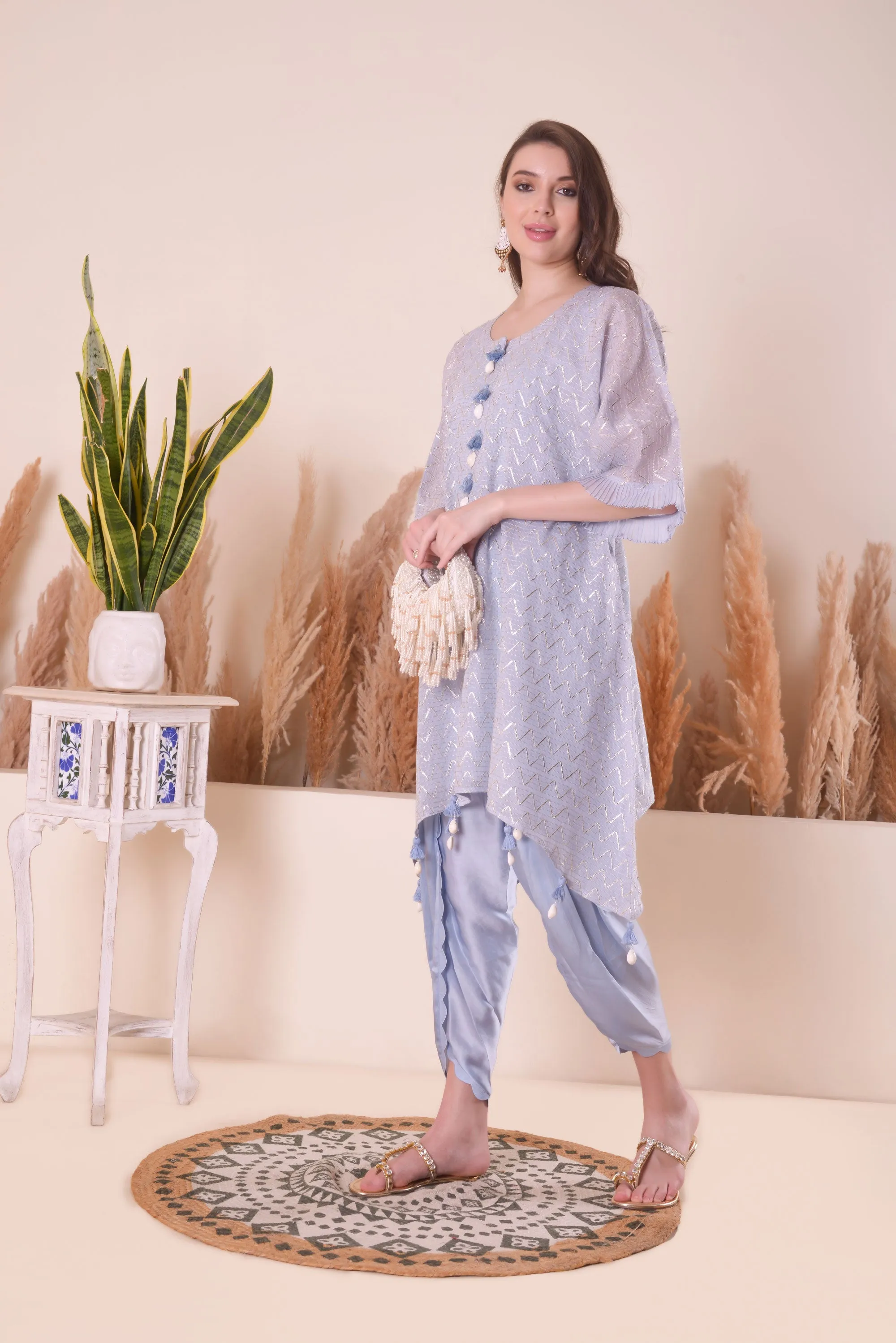 Powder Blue Wave Kimono Kurta Set