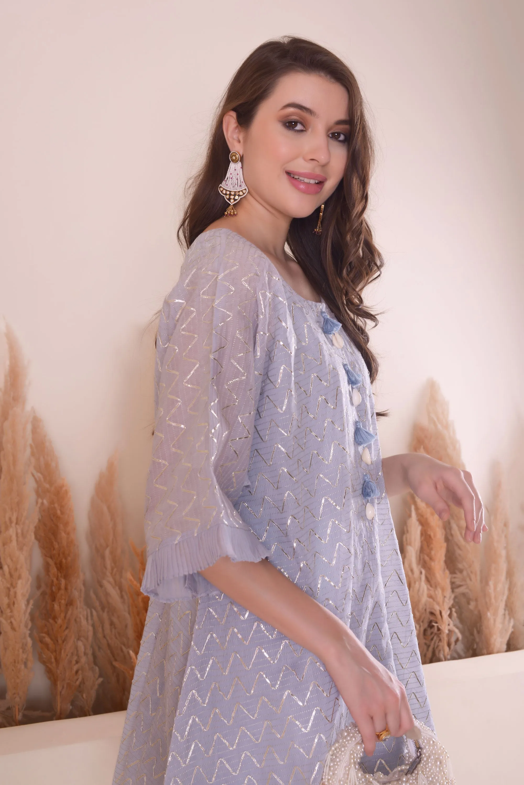 Powder Blue Wave Kimono Kurta Set