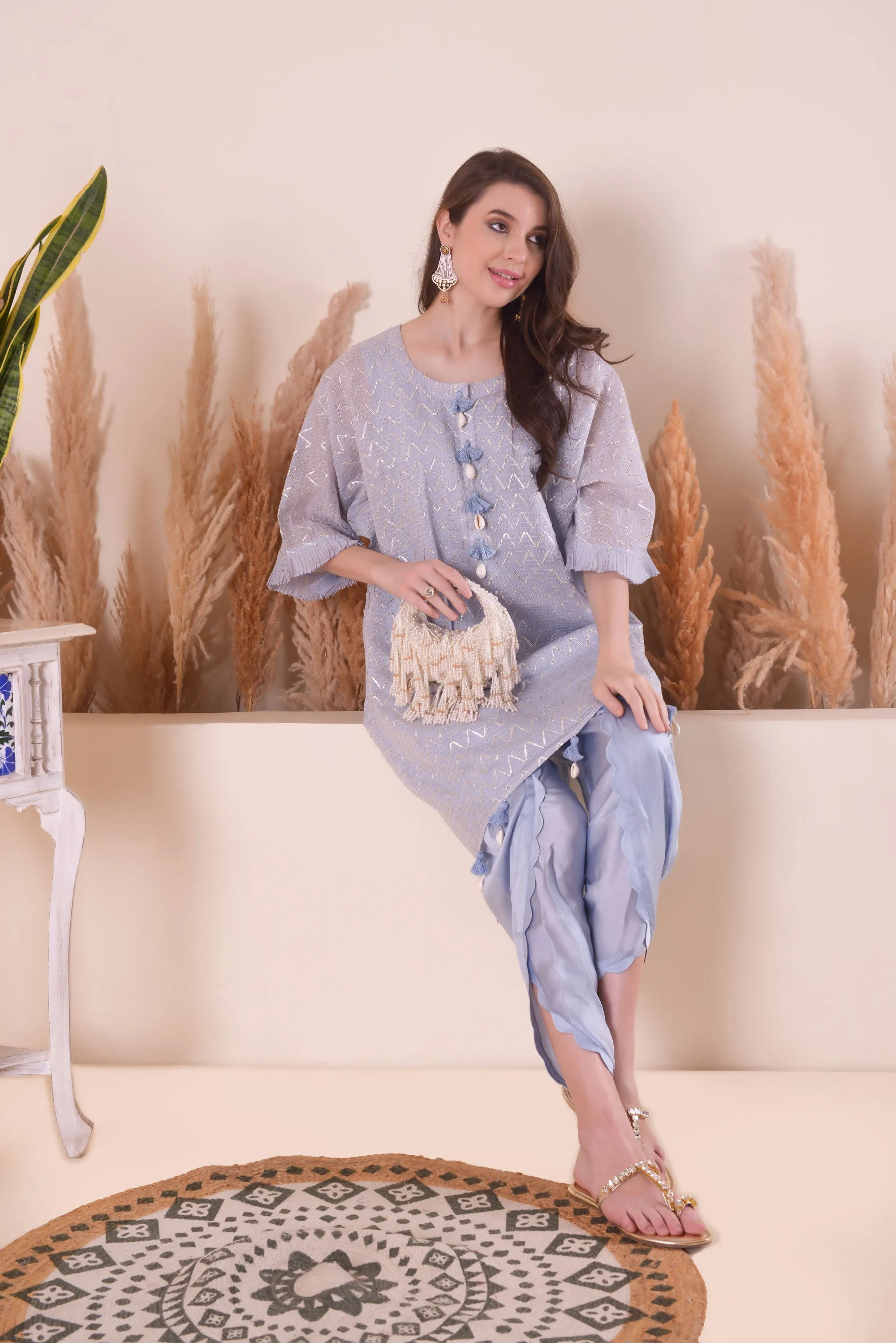 Powder Blue Wave Kimono Kurta Set