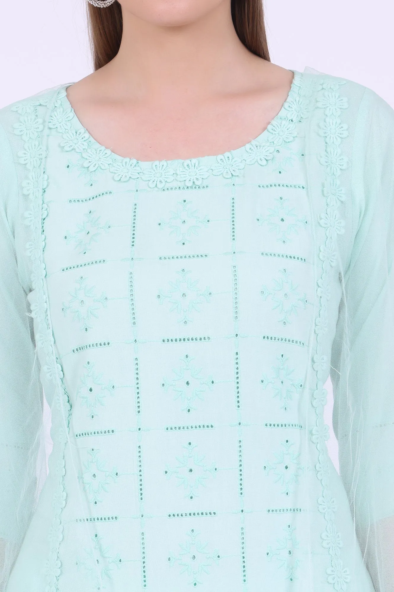 Powder Mint Green Schiffli Embroidered Straight Rayon Kurta, Palazzo and Dupatta Set