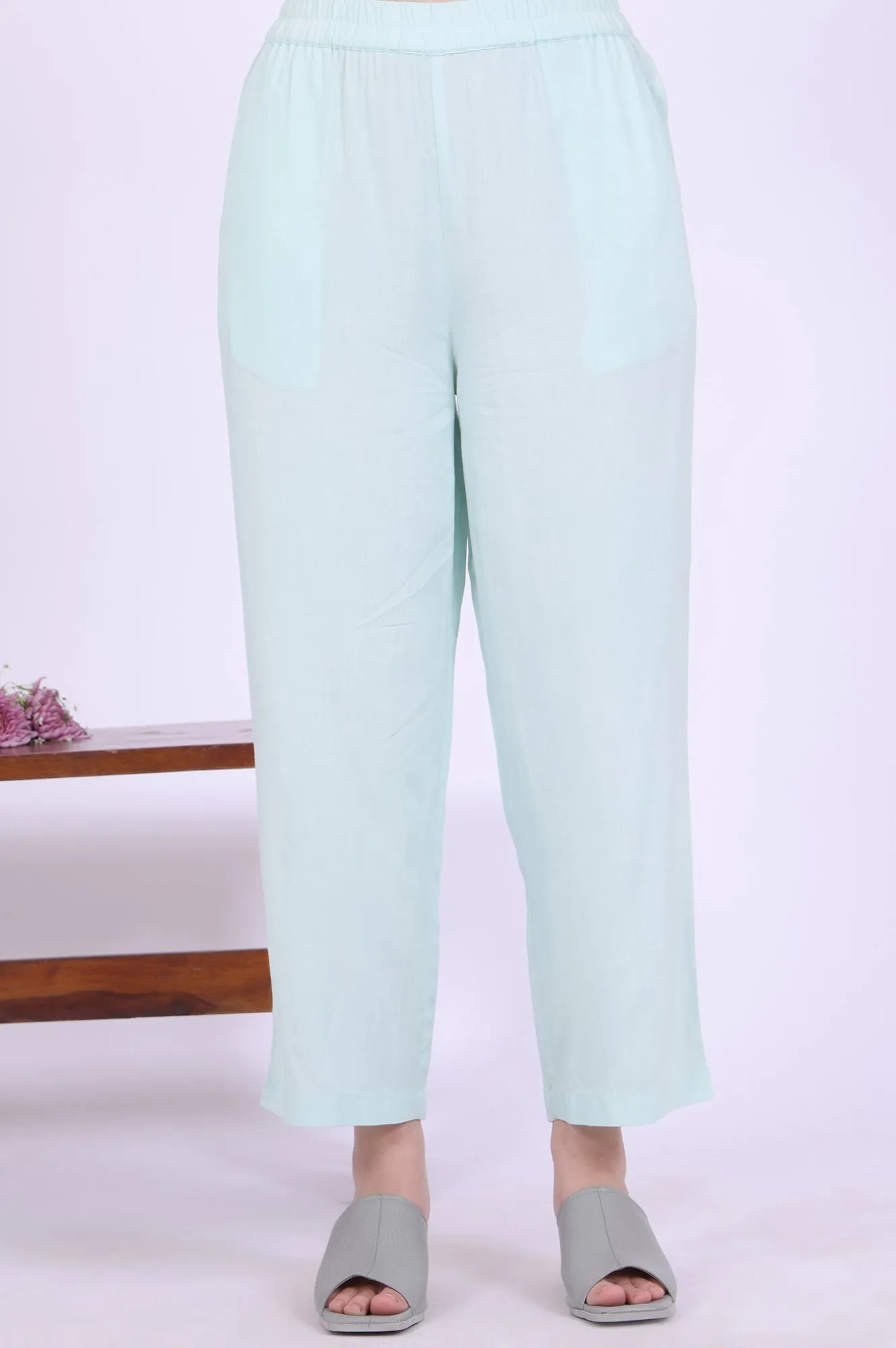 Powder Mint Green Schiffli Embroidered Straight Rayon Kurta, Palazzo and Dupatta Set