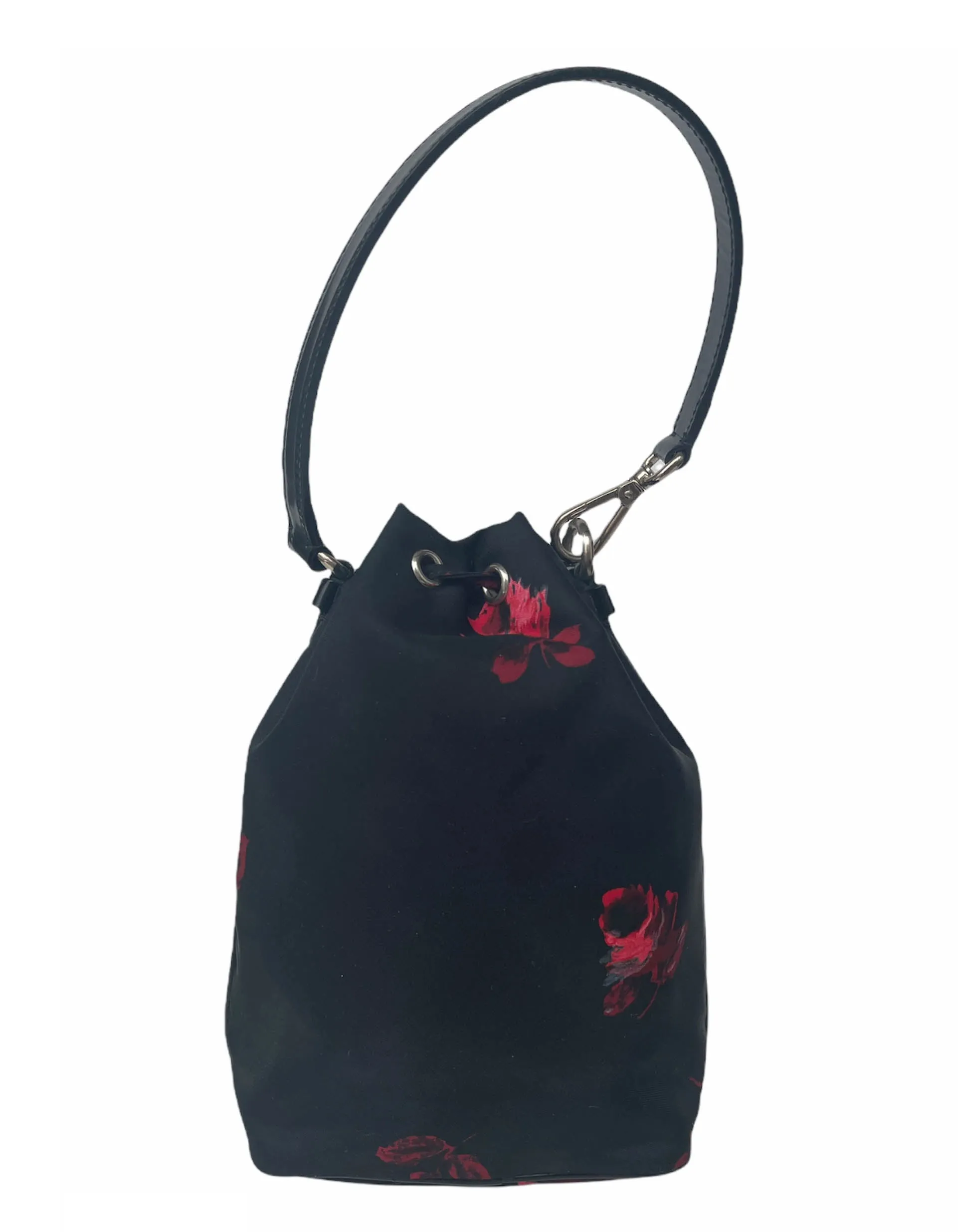 Prada Black Nylon Floral Print Mini Bucket Bag