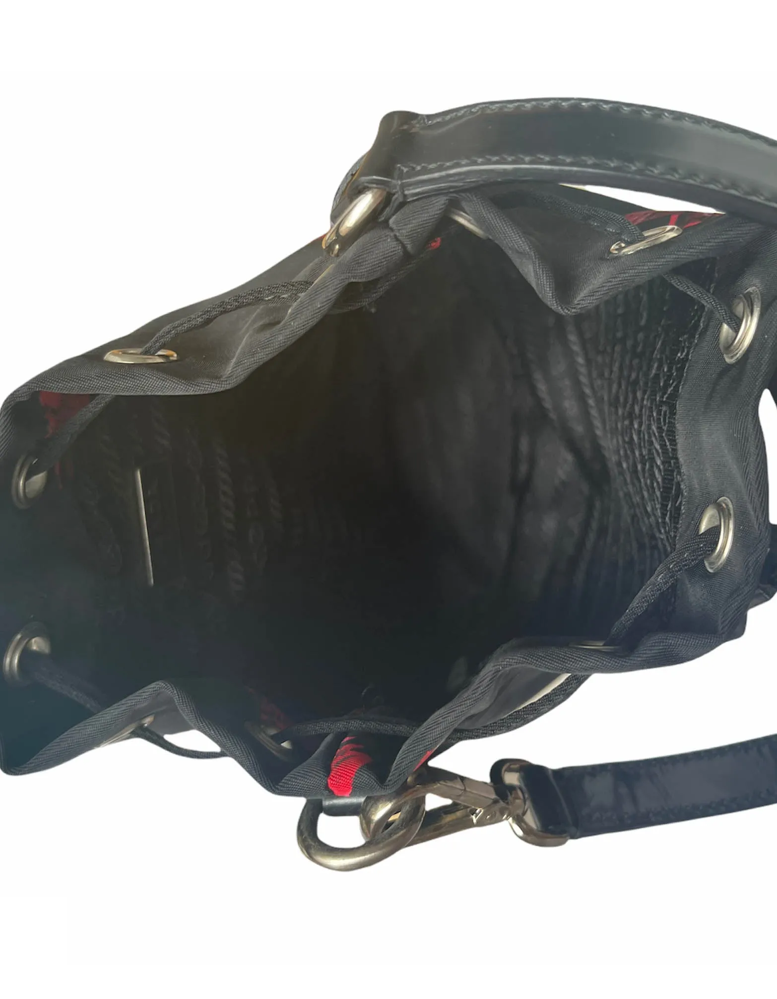 Prada Black Nylon Floral Print Mini Bucket Bag