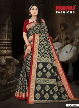 Premium Malai Cotton Gold Printed Tanushka Saree