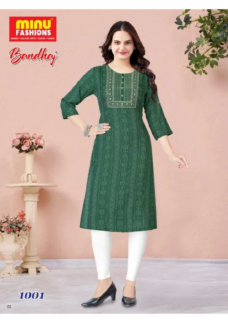 Premium Rayon Printed Embroidery Bandhej Kurti