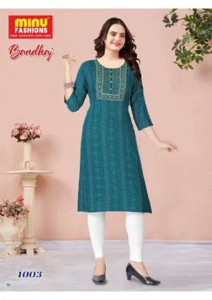 Premium Rayon Printed Embroidery Bandhej Kurti