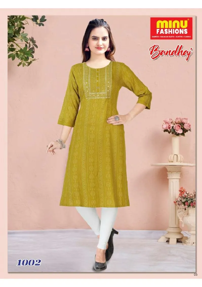 Premium Rayon Printed Embroidery Bandhej Kurti