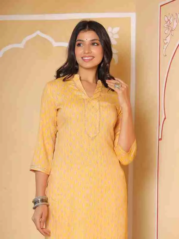 Printed Rayon Slub Straight Kurta With Palazzos