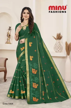 Pure Cotton Animal Embroidery Saree (Special Rate)