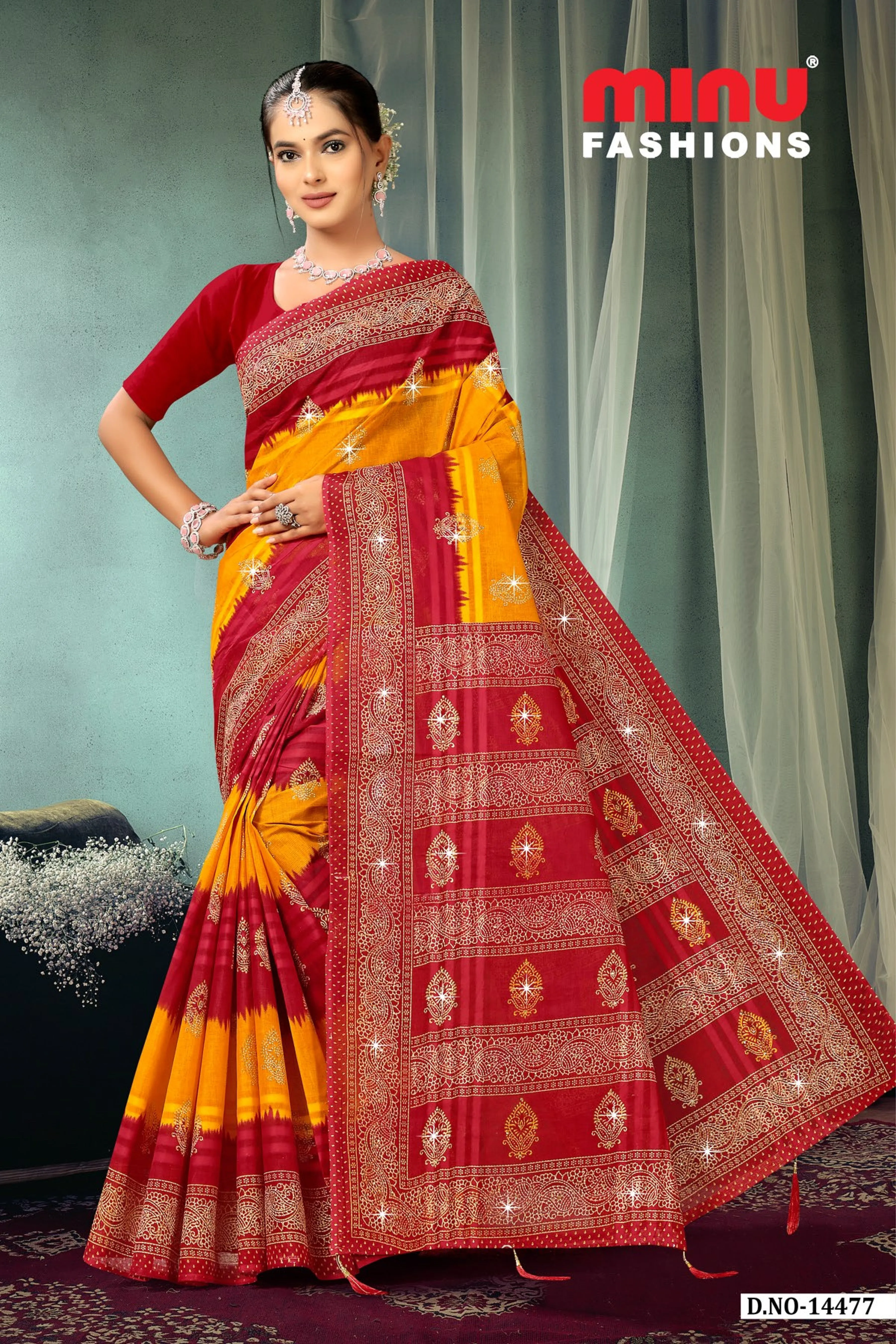 Pure Cotton Crown Jewel Colour Embroidery Saree