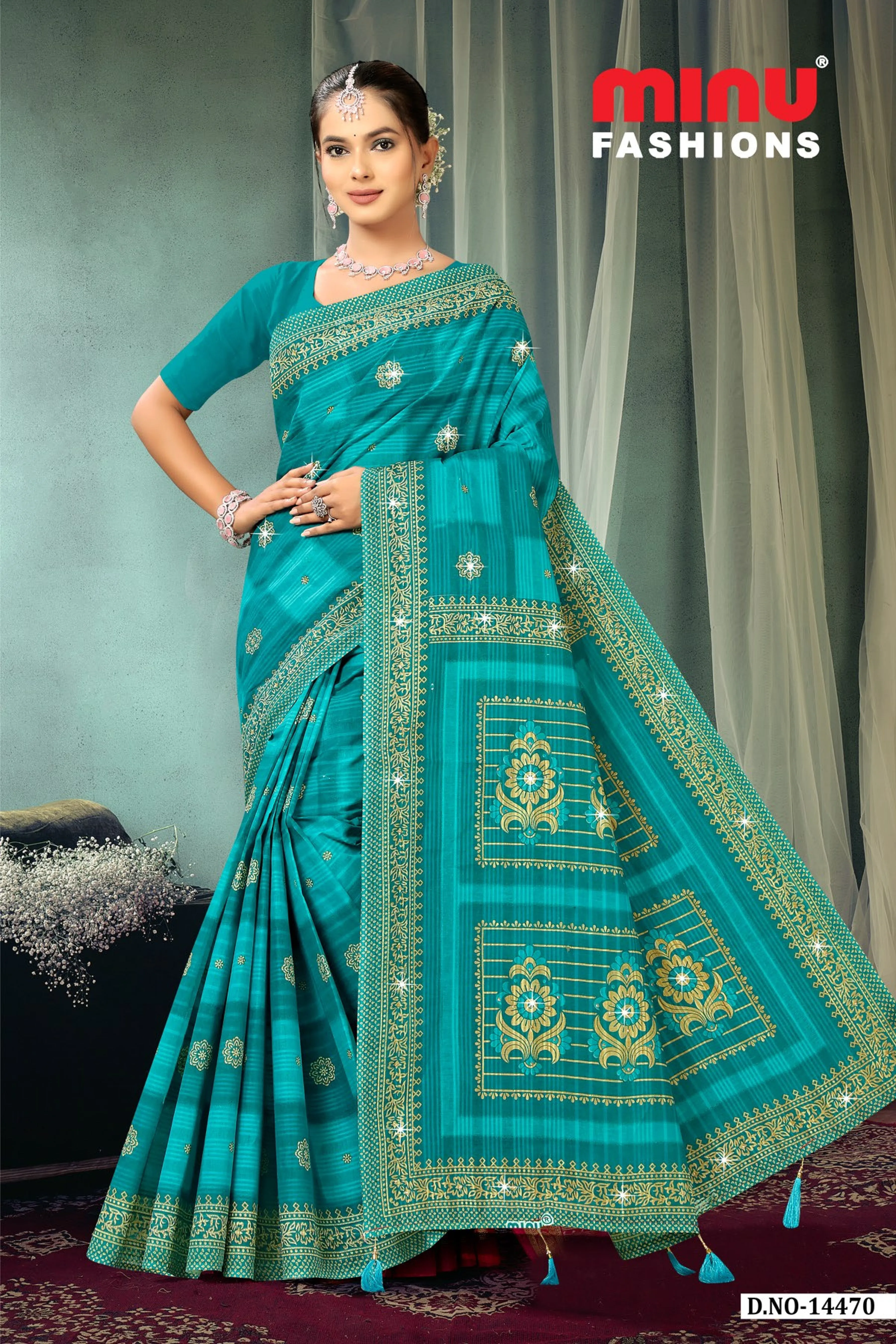 Pure Cotton Crown Jewel Colour Embroidery Saree