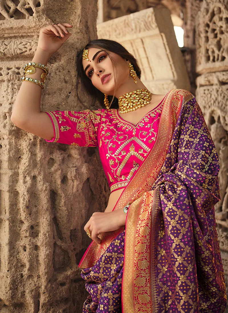 Purple And Pink Traditional Embroidered Silk Saree