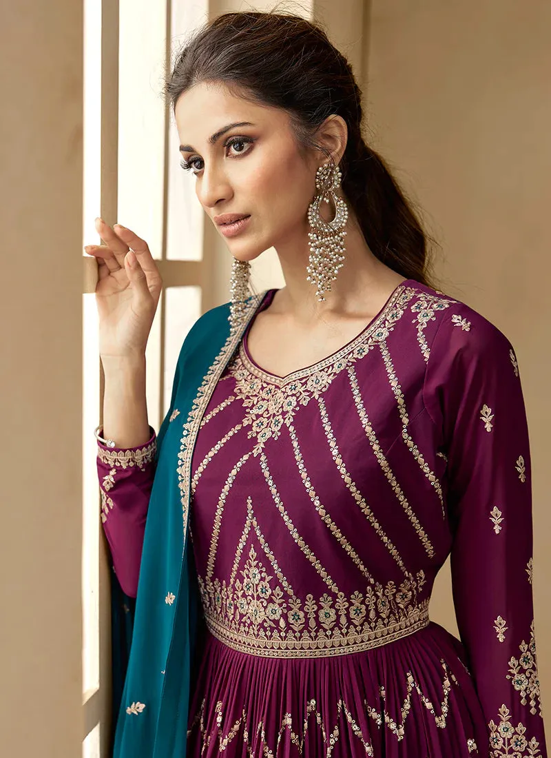 Purple and Teal Embroidered Lehenga Choli