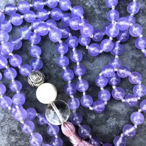 Purple Chalcedony Mala (with white glass and crystal accent)