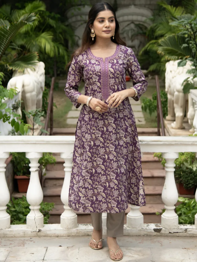 Purple Ethnic Floral Print Cotton Kurta with Mirror Neck Embroidery