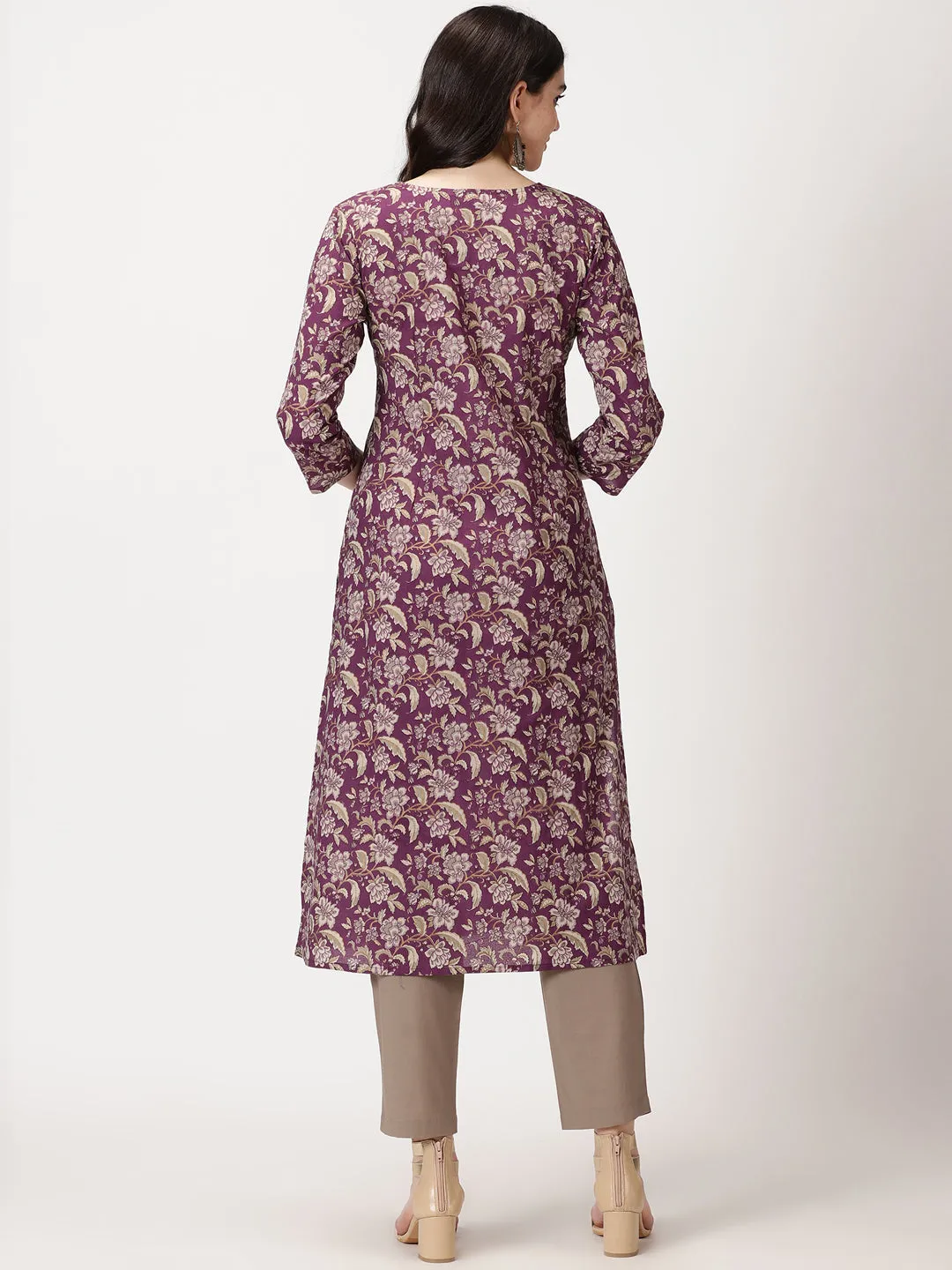 Purple Ethnic Floral Print Cotton Kurta with Mirror Neck Embroidery