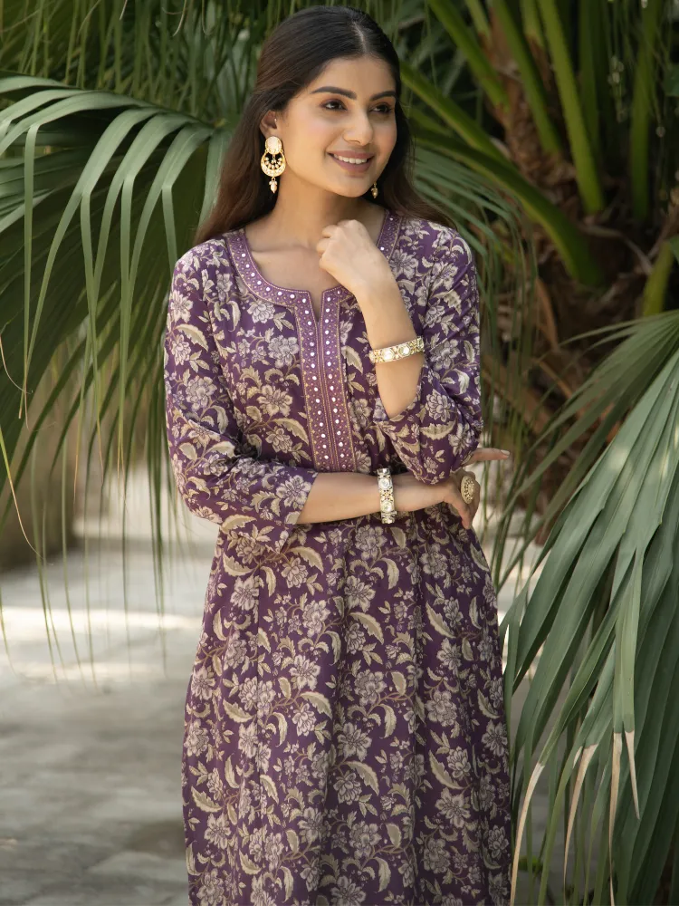Purple Ethnic Floral Print Cotton Kurta with Mirror Neck Embroidery