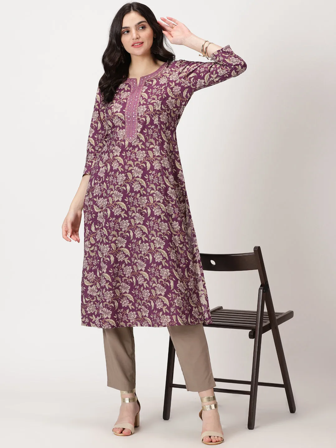 Purple Ethnic Floral Print Cotton Kurta with Mirror Neck Embroidery