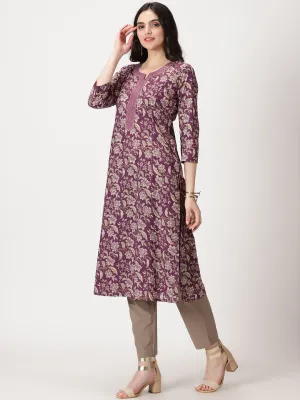Purple Ethnic Floral Print Cotton Kurta with Mirror Neck Embroidery