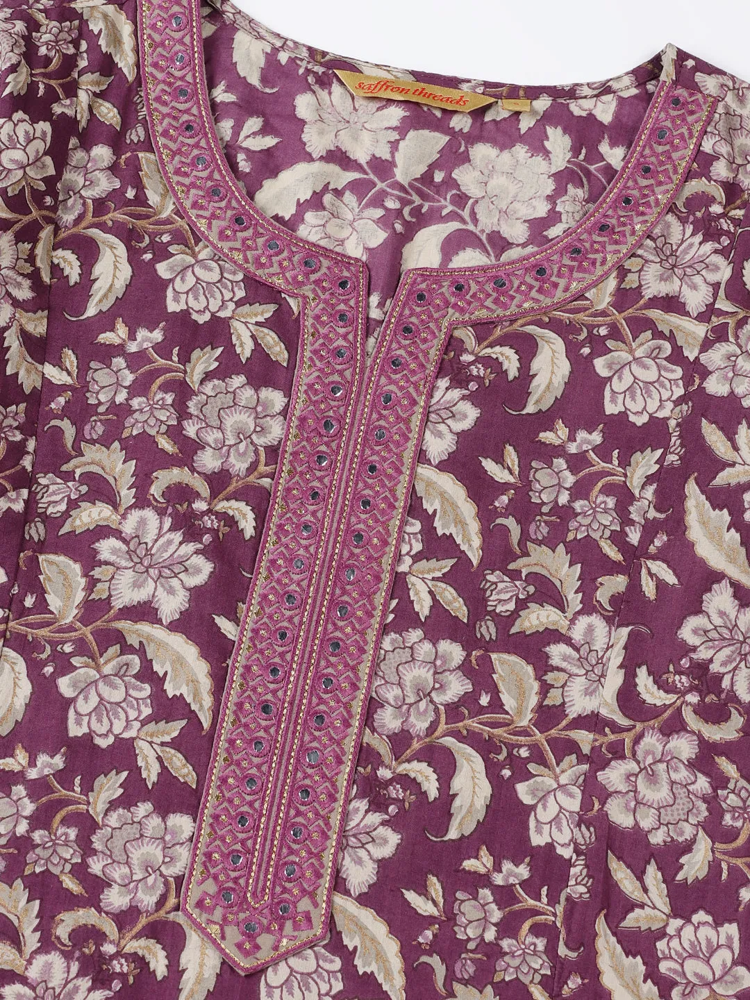 Purple Ethnic Floral Print Cotton Kurta with Mirror Neck Embroidery
