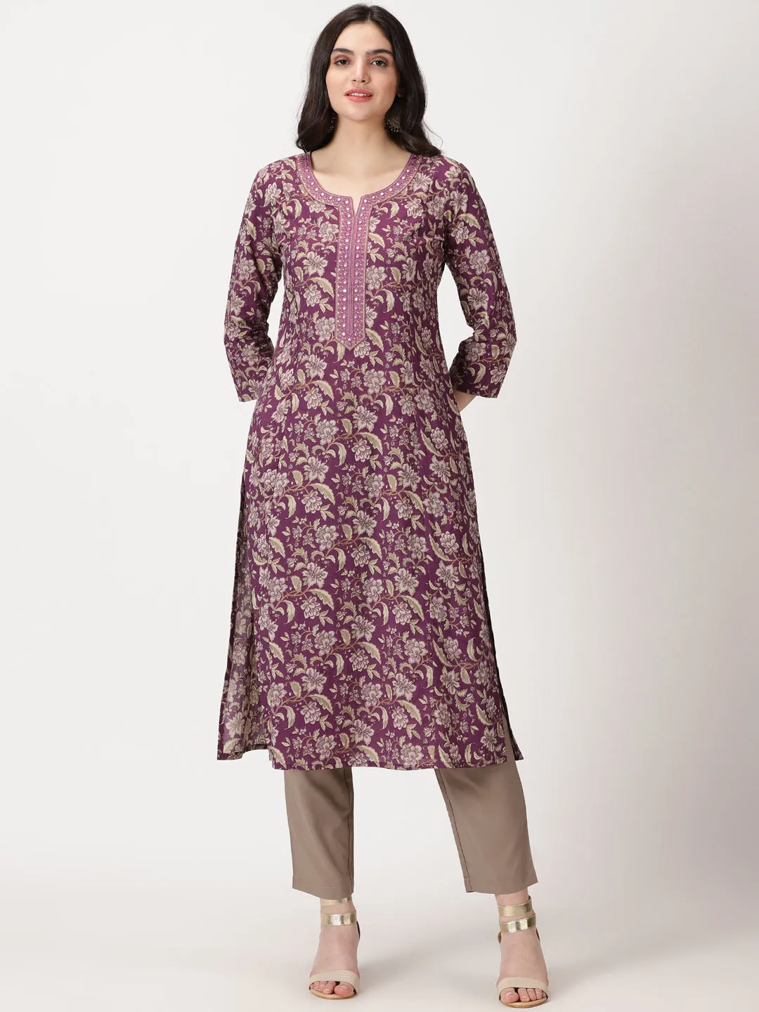 Purple Ethnic Floral Print Cotton Kurta with Mirror Neck Embroidery