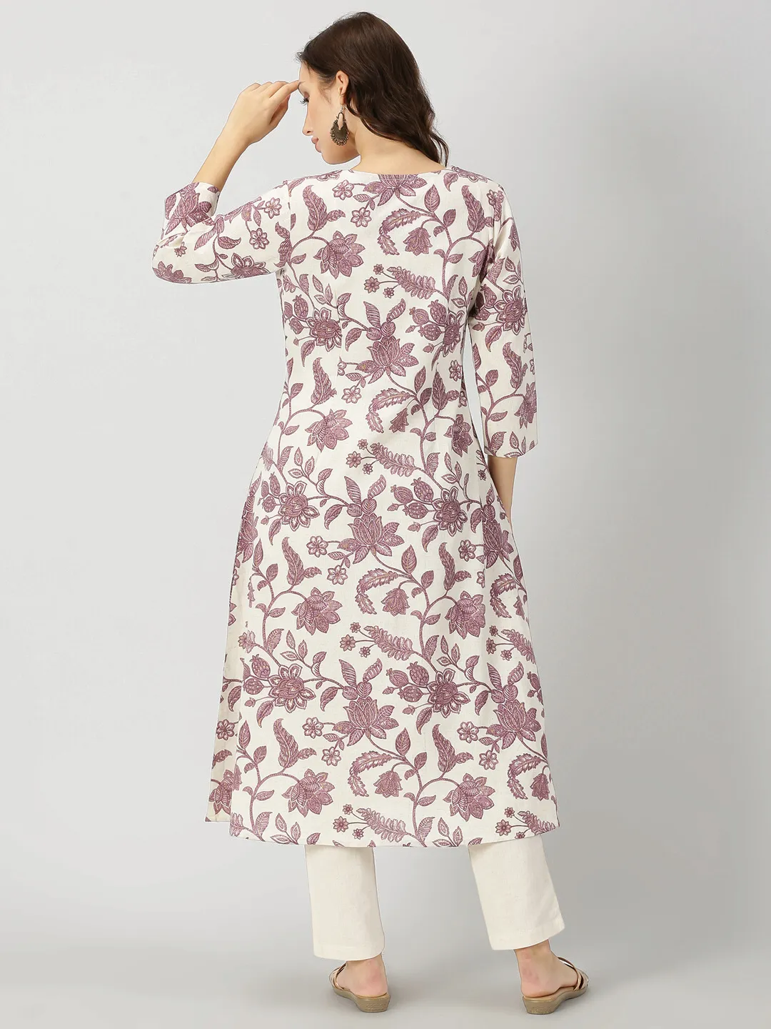 Purple Floral Print Kurta with Neck Embroidery