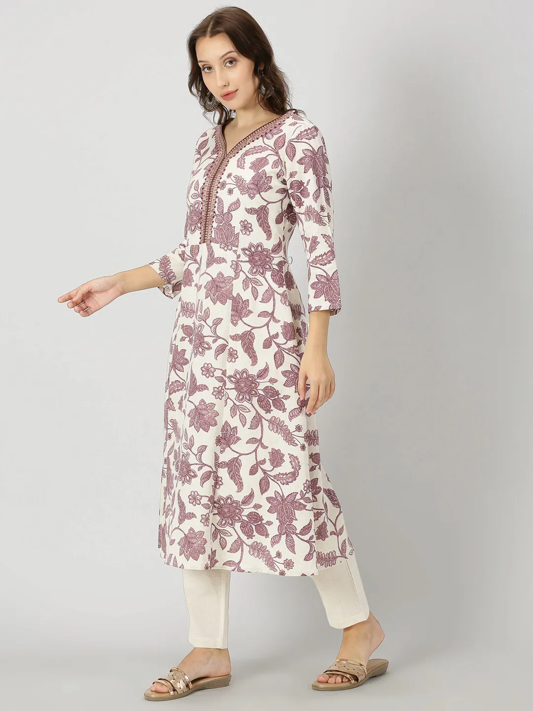 Purple Floral Print Kurta with Neck Embroidery