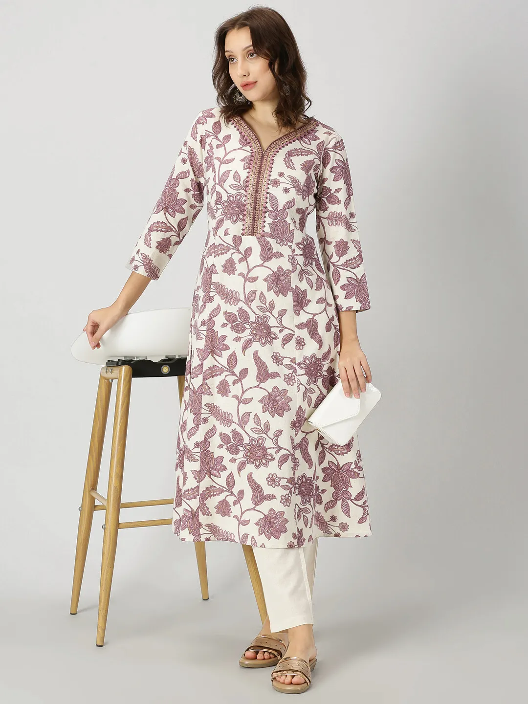 Purple Floral Print Kurta with Neck Embroidery