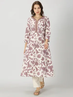 Purple Floral Print Kurta with Neck Embroidery