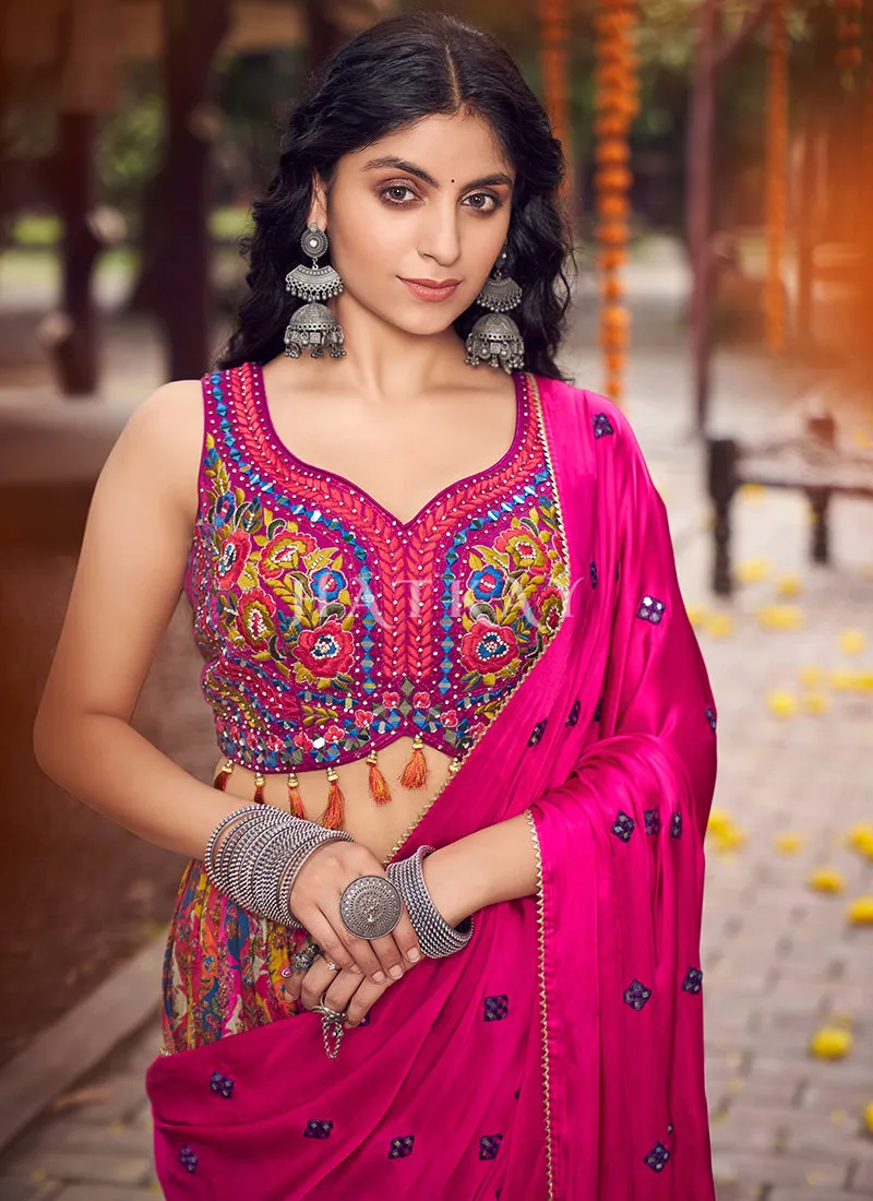 Purple Multi Mirror Work Embroidery Satin Lehenga Choli