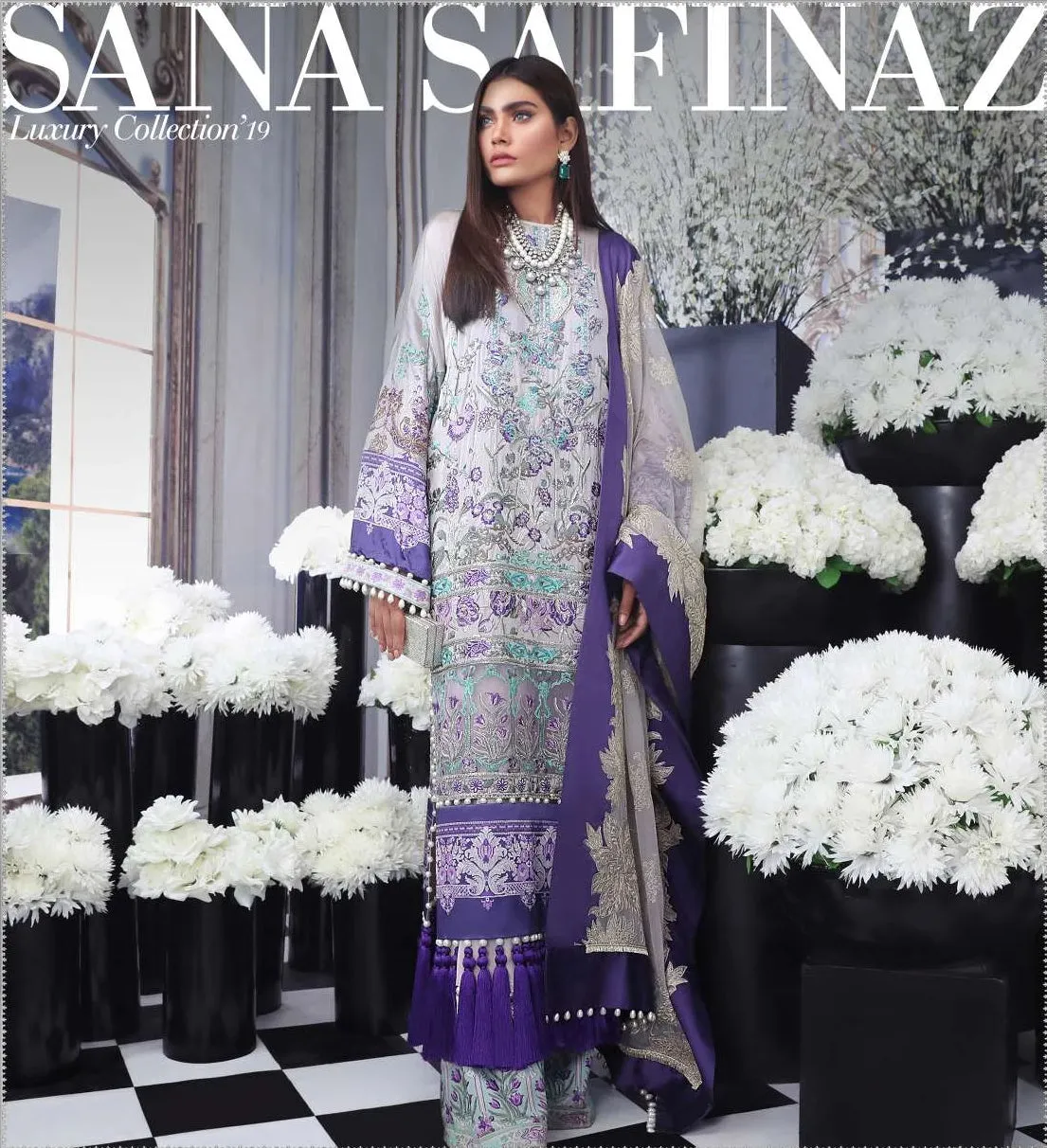 Purple Satin Salwar Kameez-Suit - Sana Safinaz Luxury 2019