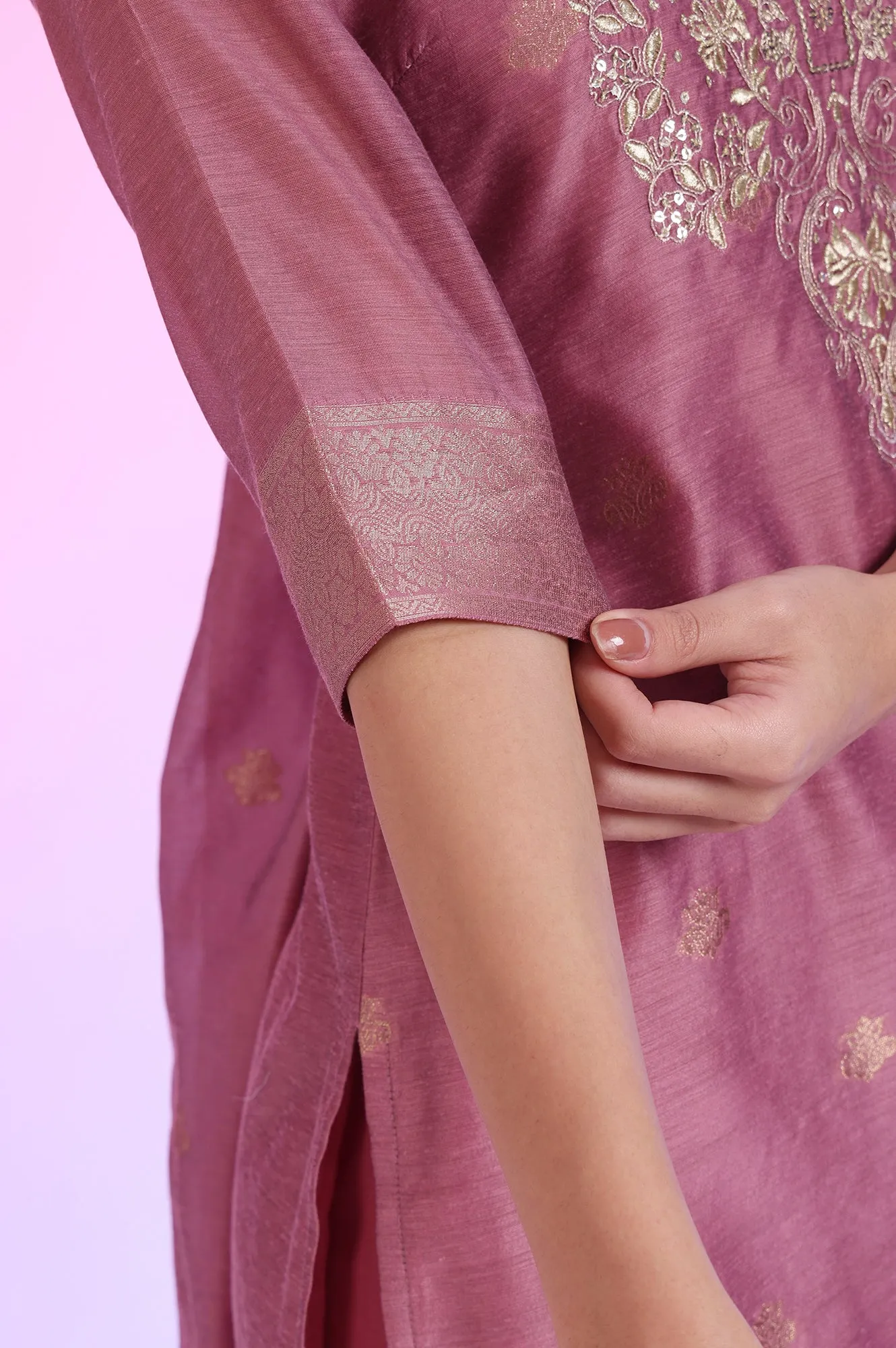 Purple Yarn Dyed Straight Kurta with Palazzos & Dupatta Set