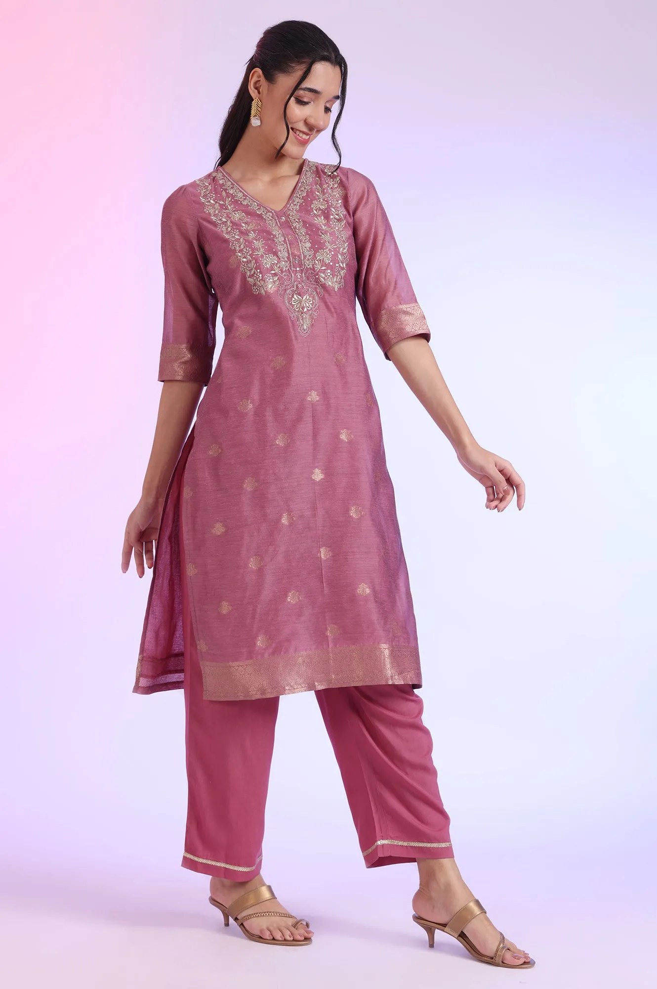 Purple Yarn Dyed Straight Kurta with Palazzos & Dupatta Set