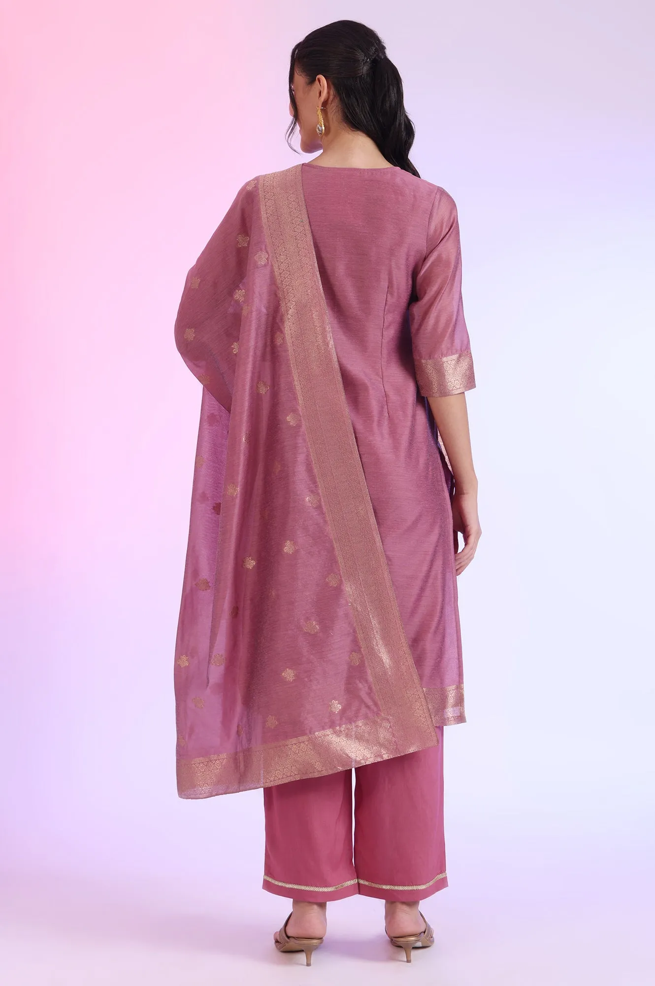Purple Yarn Dyed Straight Kurta with Palazzos & Dupatta Set