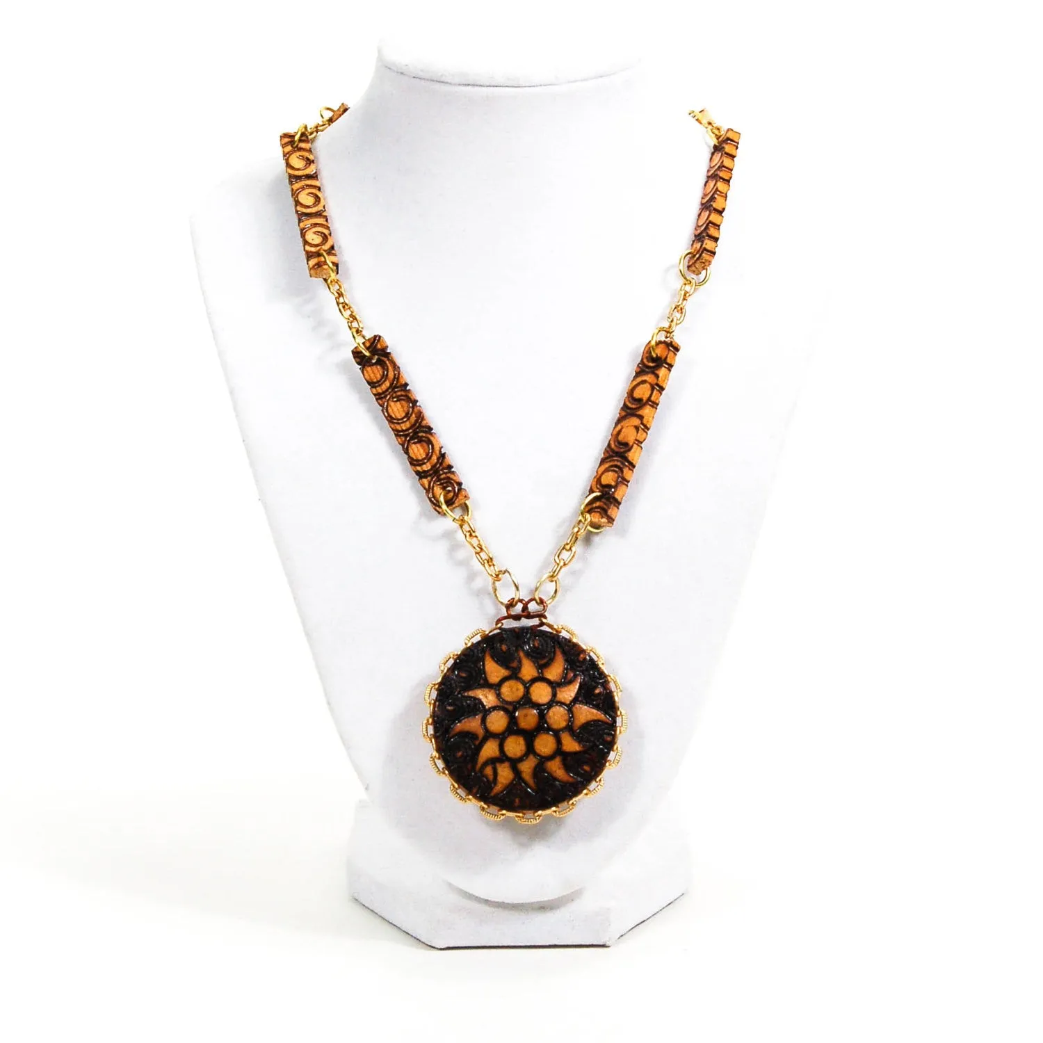 Pyrography Wood Medallion Necklace