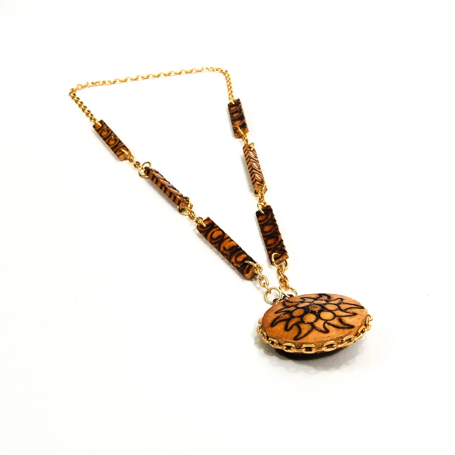 Pyrography Wood Medallion Necklace