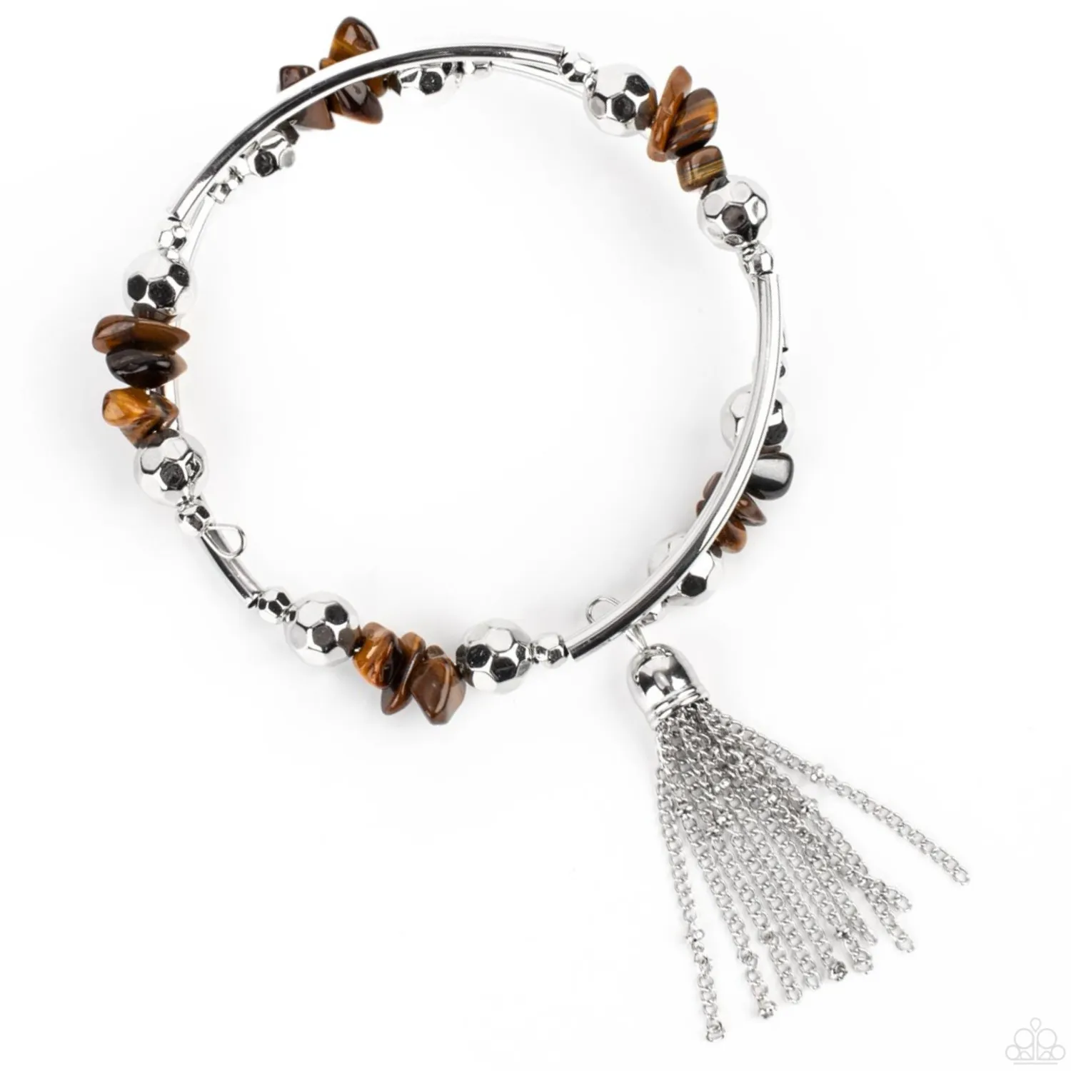 "Mineral Mosaic" Silver Beads & Bars Mixed with Tiger's Eye Stones Flexible COIL Tassel Bracelet