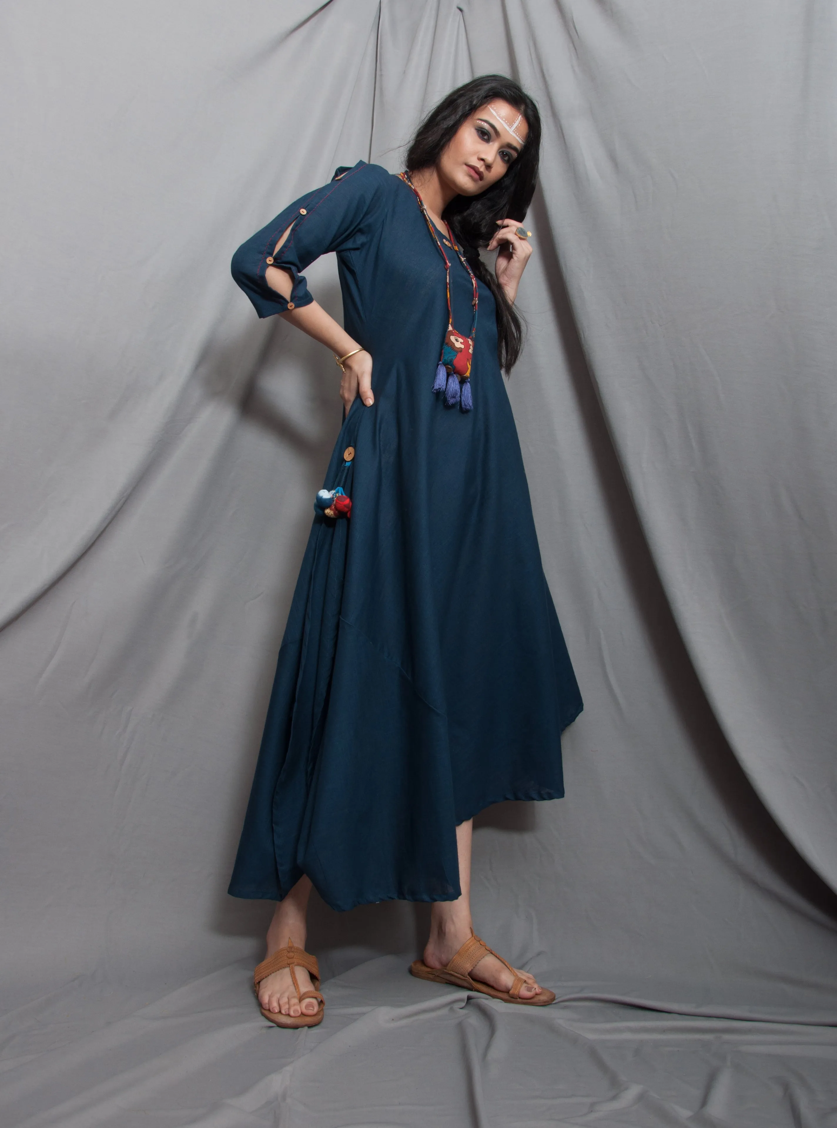 Rainbow - Navy Blue Cowl Dress with Necklace